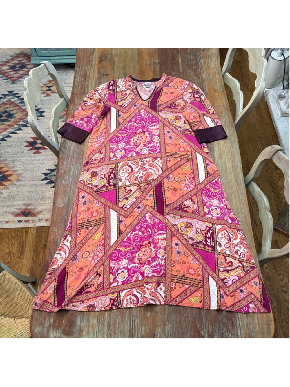 Natori Geometric Paisley Print Caftan Dress Pink Orange Loungewear Large READ